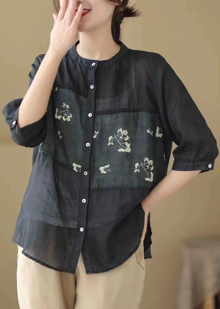 Stylish Black Print Patchwork Button Ramie Shirt Half Sleeve