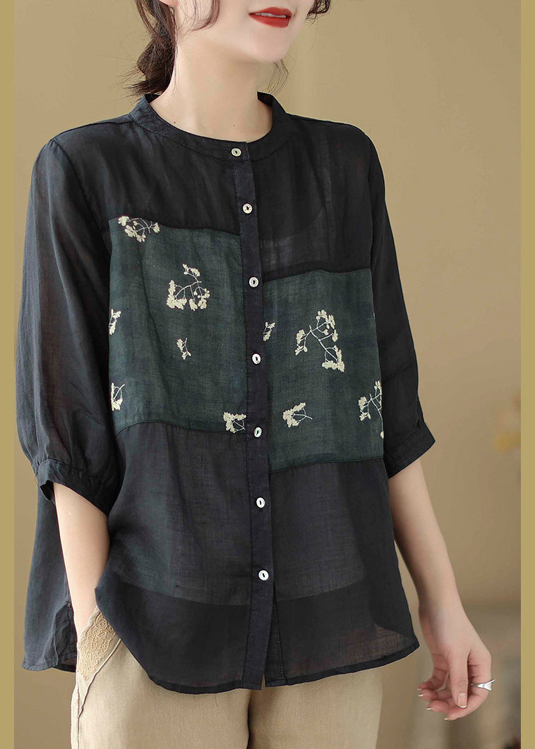 Stylish Black Print Patchwork Button Ramie Shirt Half Sleeve