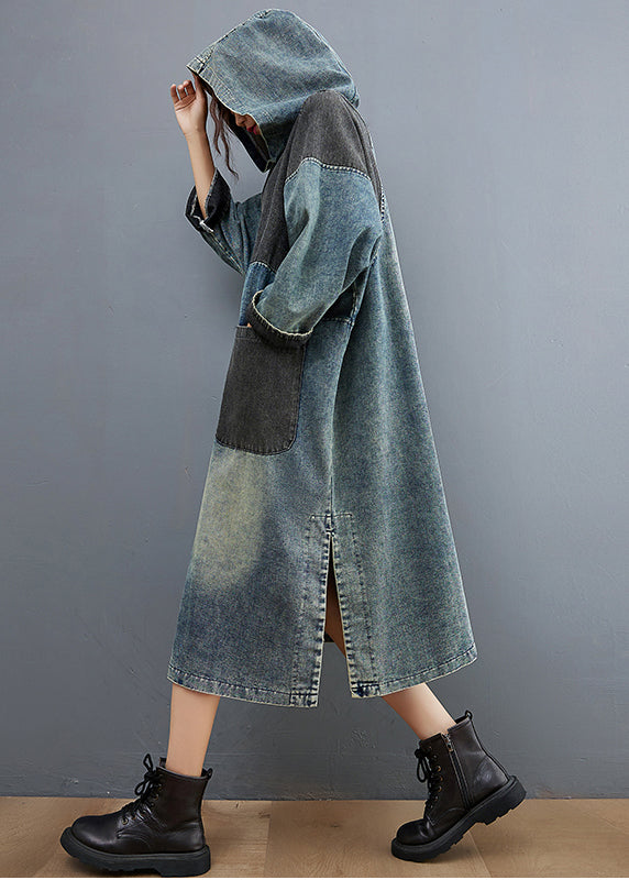 Stylish Blue Hooded Patchwork Pockets Sweatshirt Dress Fall