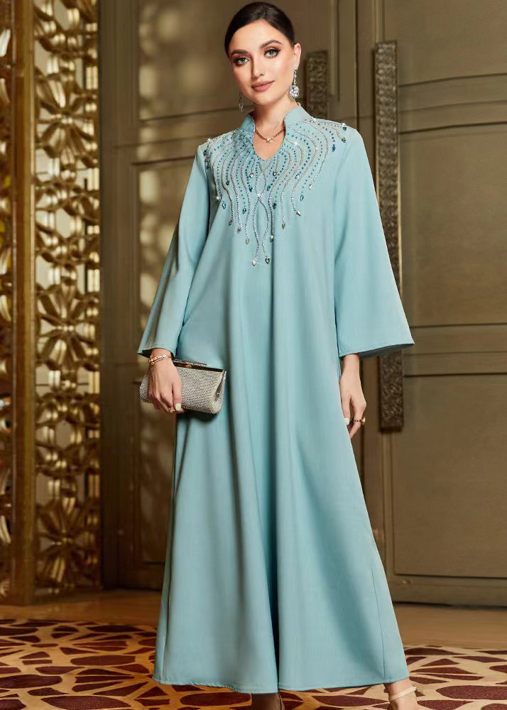 Stylish Blue Stand Zircon Collar Chiffon Long Dress Fall