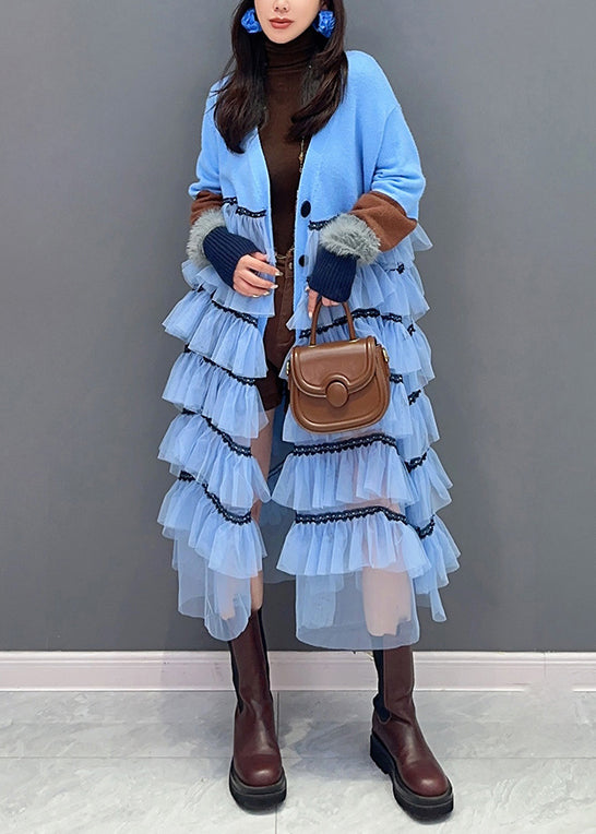 Stylish Blue V Neck Button Tulle Patchwork Dress Fall