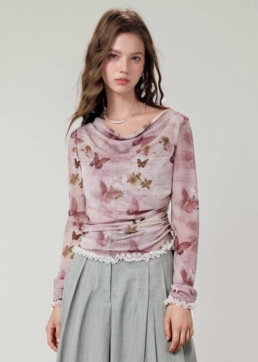 Stylish Butterfly Print Lace Patchwork Tulle Tops Fall