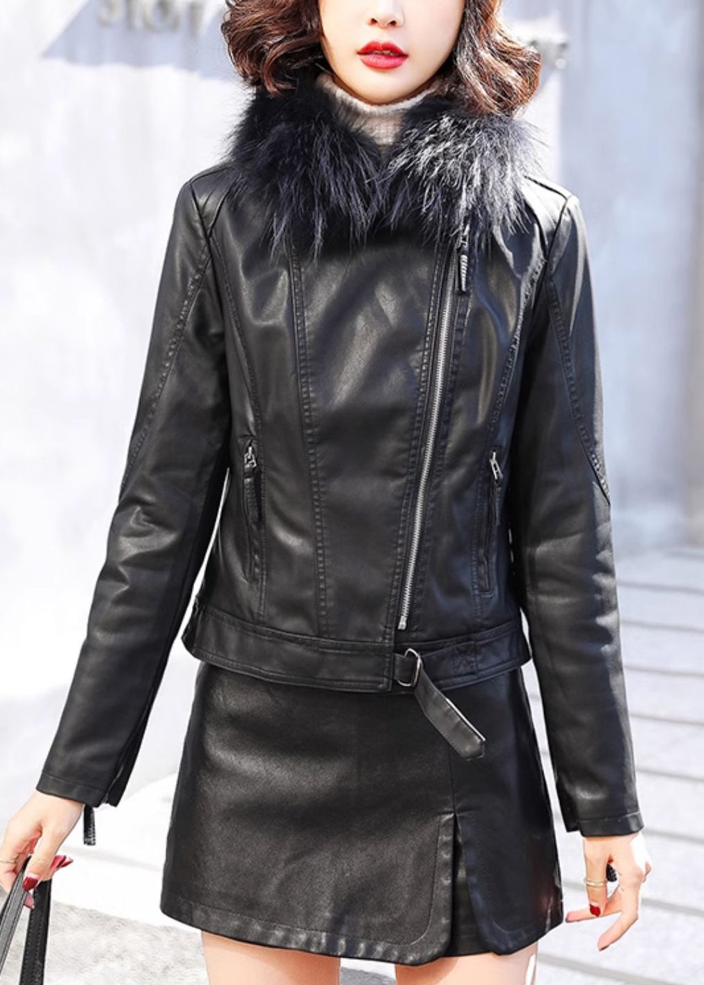 Stylish Coffee Fur Collar Zippered Faux Leather Jacket Winter