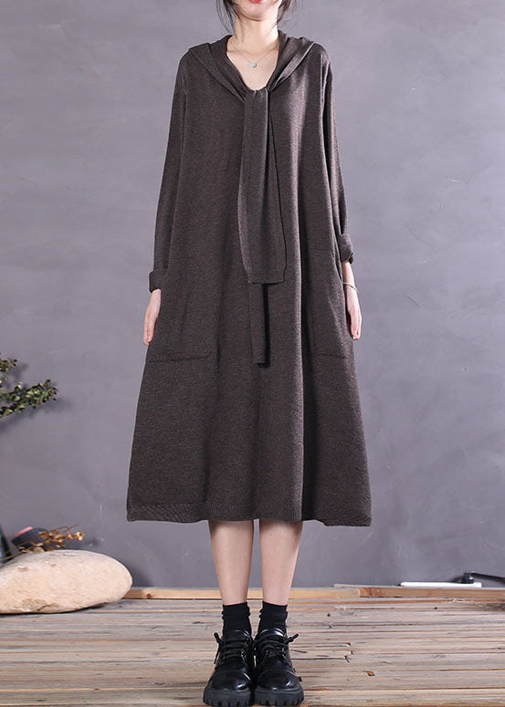 Stylish Chocolate Pockets Loose Knit Long Dresses Spring