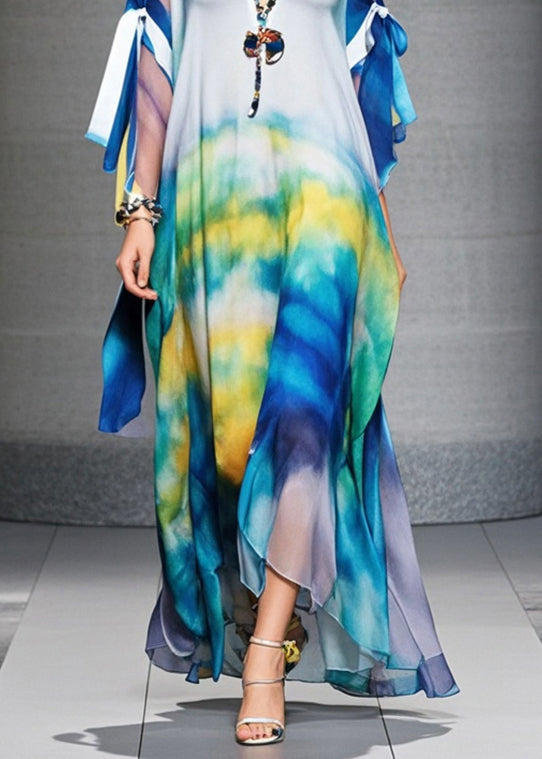 Stylish Cold Shoulder Tie Dye Chiffon Holiday Dress Summer