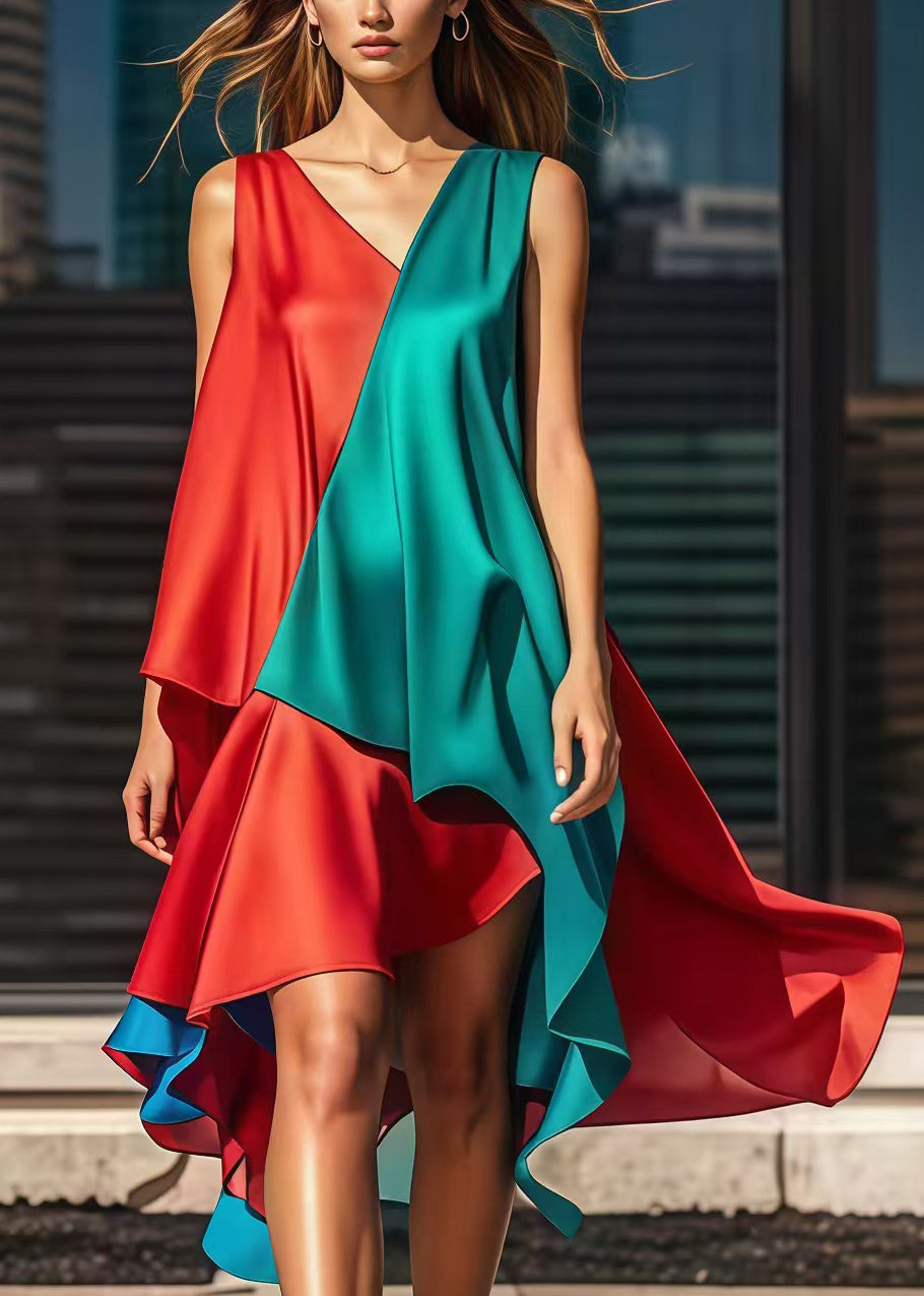 Stylish Colorblock Asymmetrical Patchwork Silk Dress Summer