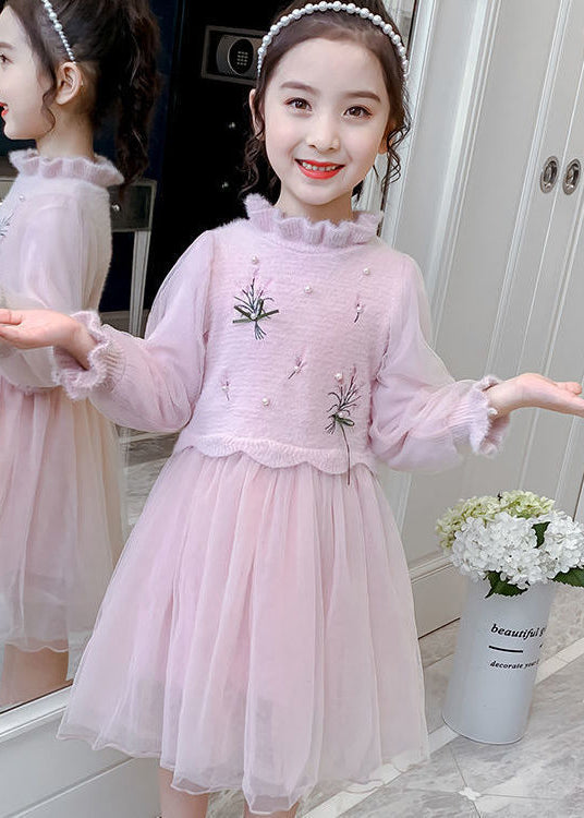 Stylish Green Embroidered Nail Bead Patchwork Tulle Kids Girls Dresses Fall