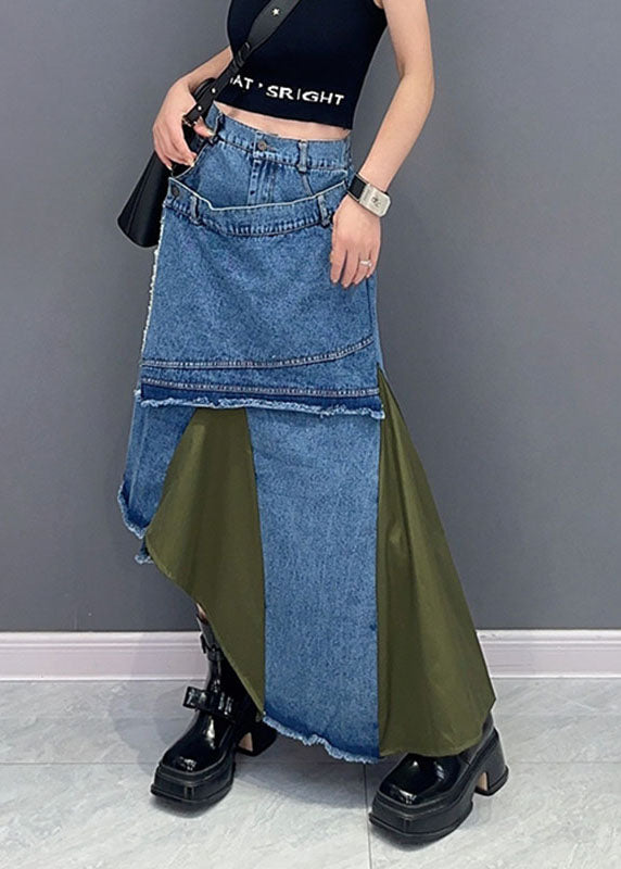 Stylish Green Patchwork High Waist Asymmetrical Denim Skirts Fall