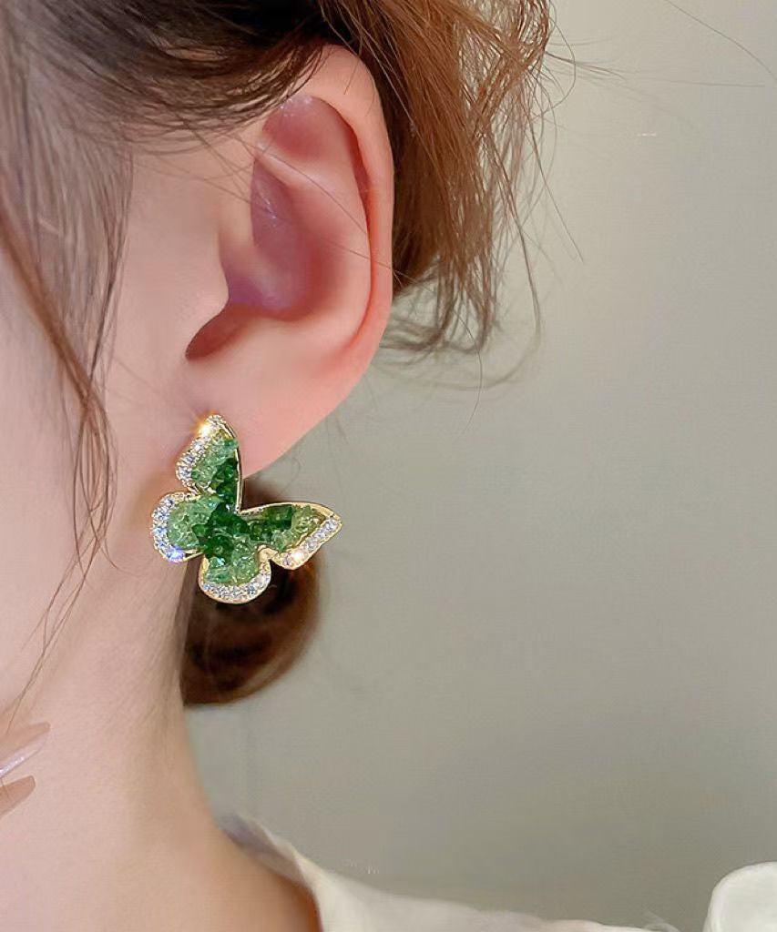 Stylish Green Sterling Silver Alloy Crystal Zircon Butterfly Stud Earrings