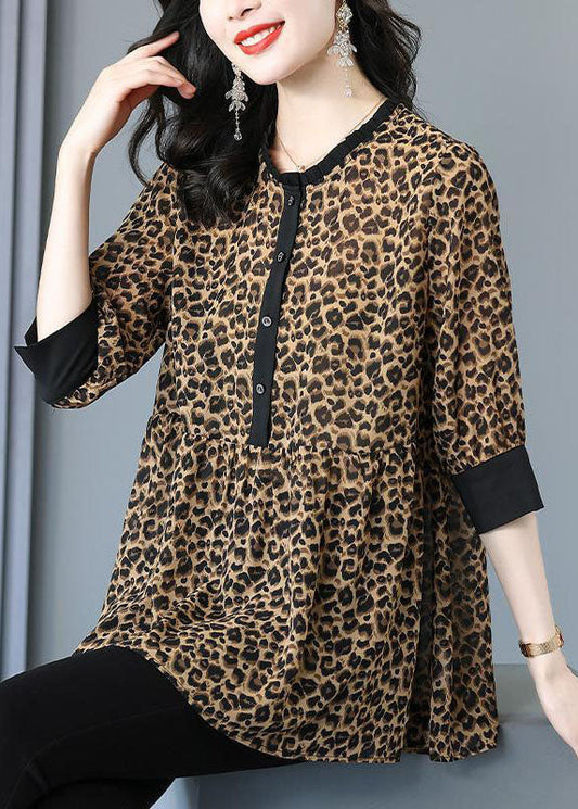 Stylish Leopard O Neck Wrinkled Patchwork Cotton Blouses Summer