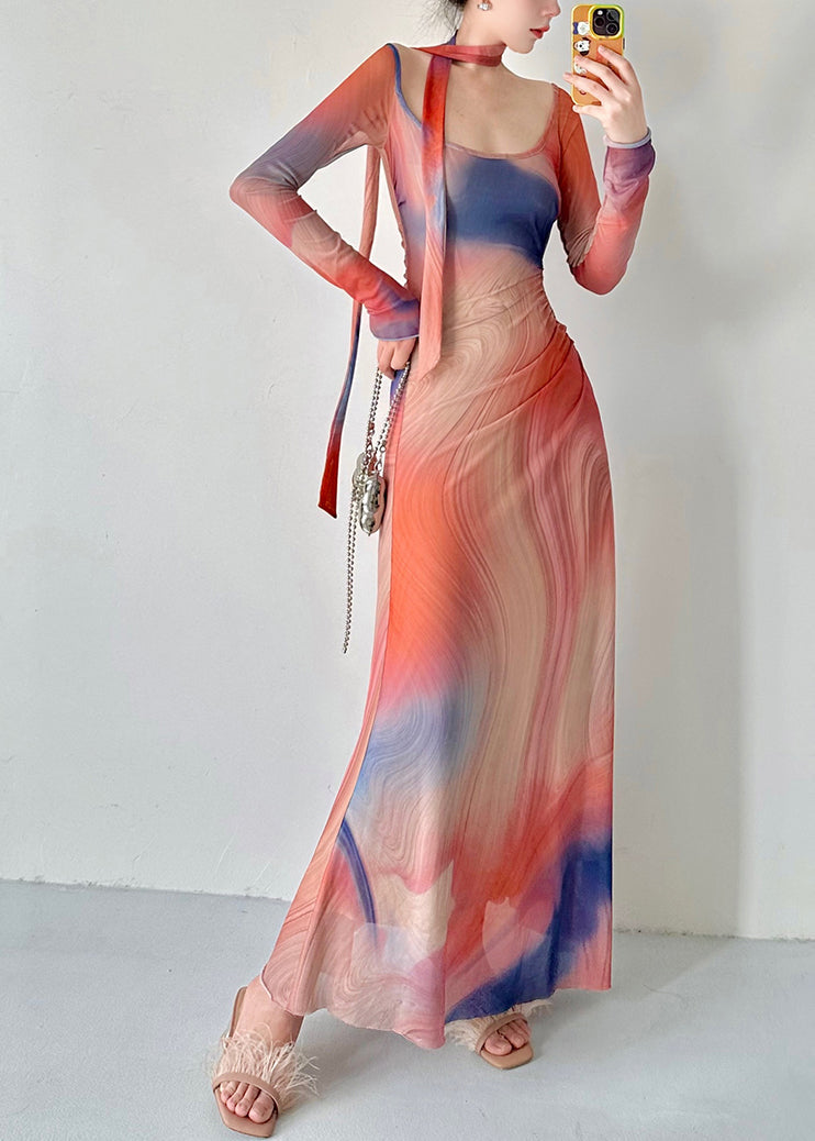 Stylish O Neck Print Slim Fit Tulle Long Dresses Fall