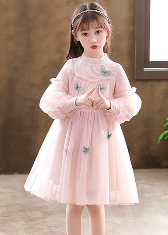 Stylish Pink Butterfly Patchwork Tulle Baby Girls Dress Fall