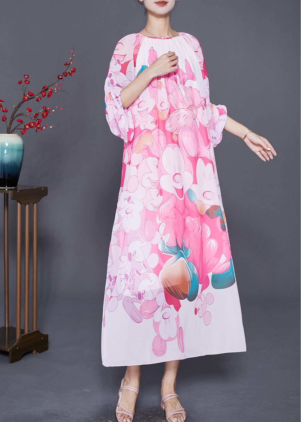 Stylish Pink Oversized Print Chiffon Beach Dresses Lantern Sleeve