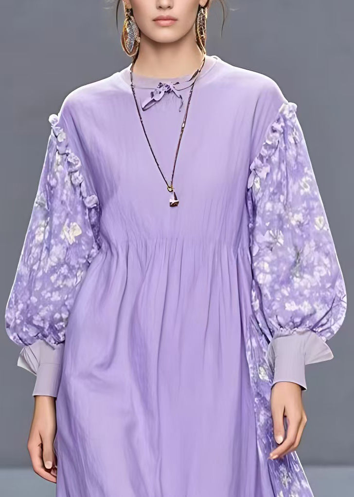 Stylish Purple Ruffled Print Patchwork Cotton Long Dress Fall