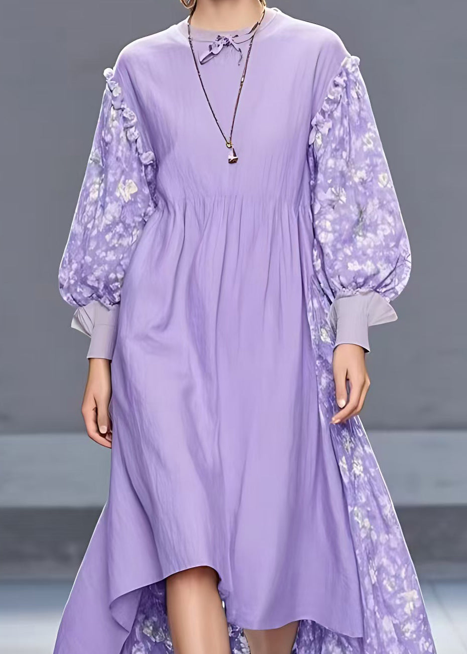 Stylish Purple Ruffled Print Patchwork Cotton Long Dress Fall