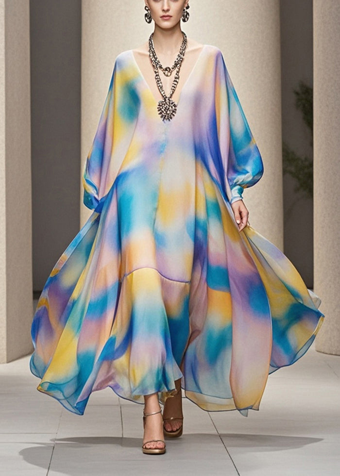 Stylish Rainbow Tie Dye Exra Large Hem Chiffon Maxi Dress Fall