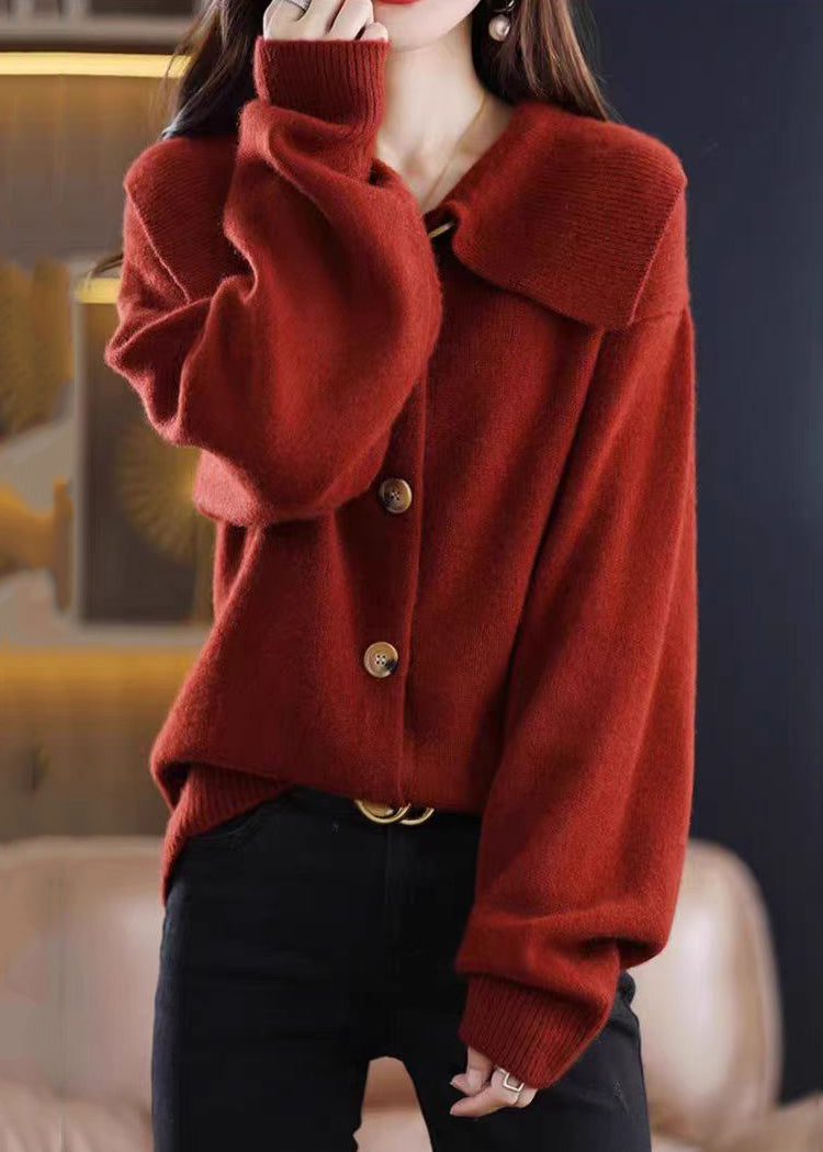 Stylish Red Peter Pan Collar Button Solid Knit Cardigan Fall