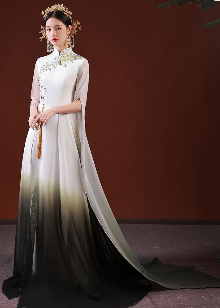 Stylish White Gradient Color Embroidered Patchwork Silk Long Dress Half Sleeve