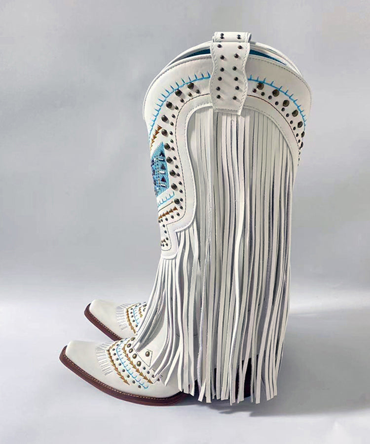 Stylish White Splicing Chunky Boots Tassel Embroidery