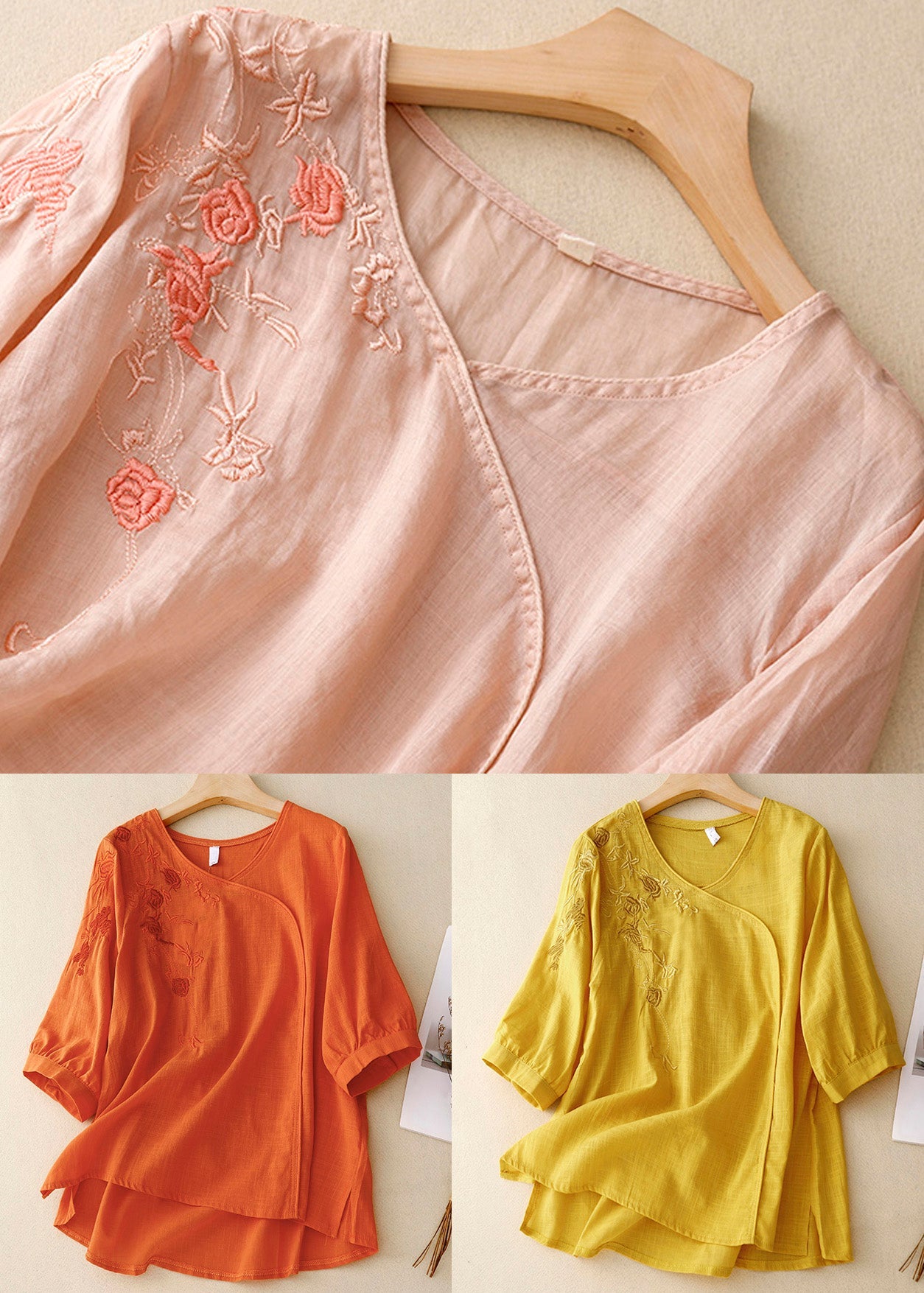 Stylish Yellow V Neck Embroideried  Linen Blouses Bracelet Sleeve