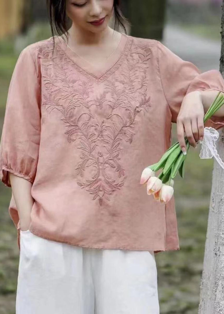 Stylish Yellow V Neck Embroidered Linen Top Half Sleeve