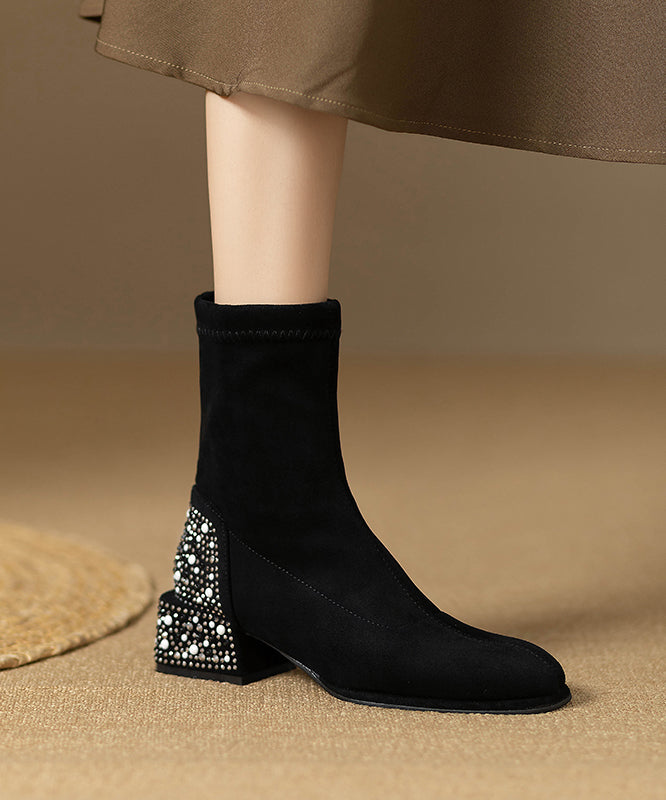 Stylish Zircon Splicing Chunky Boots Black Suede