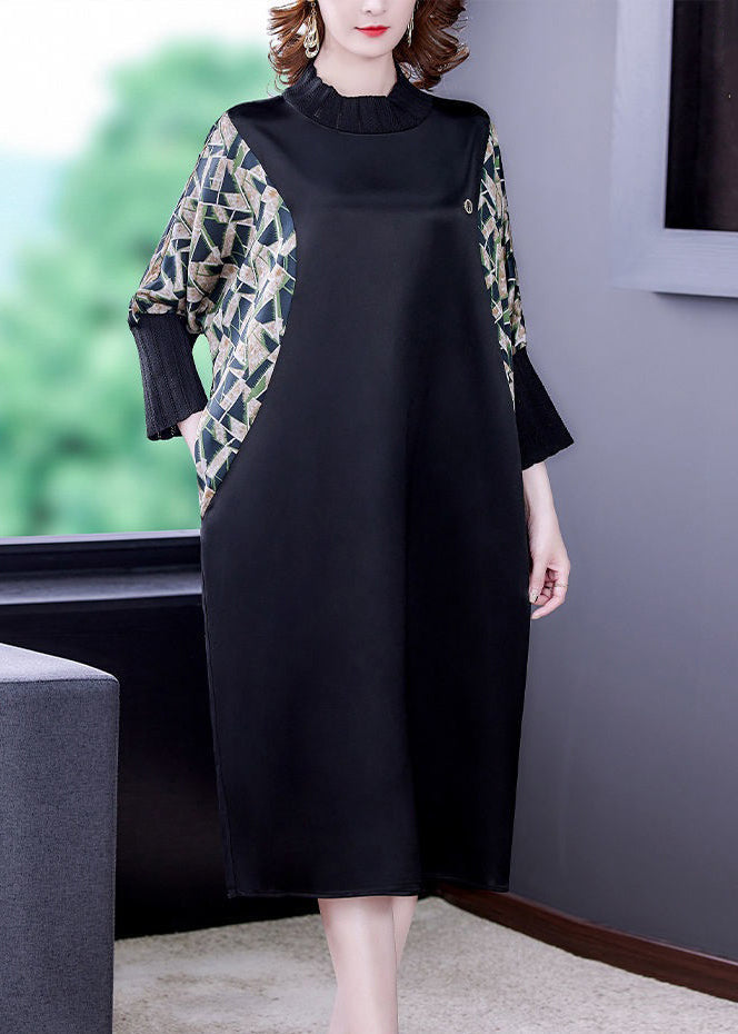 Top Quality Black Print Pockets Patchwork Silk Dresses Fall