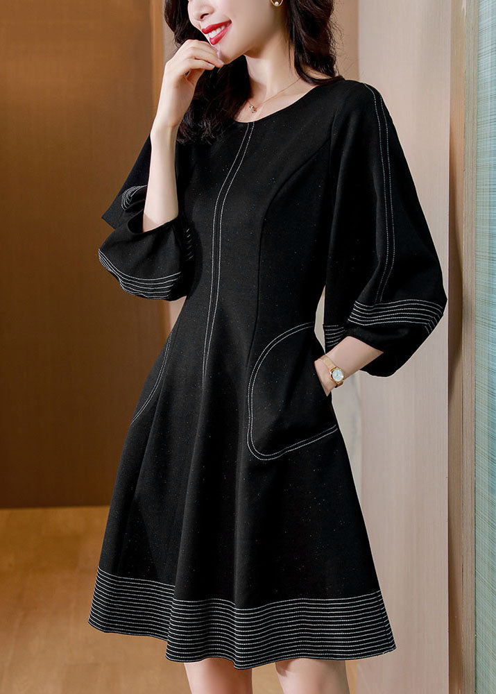 Unique Black O Neck Pockets Patchwork Cotton Mid Dresses Fall