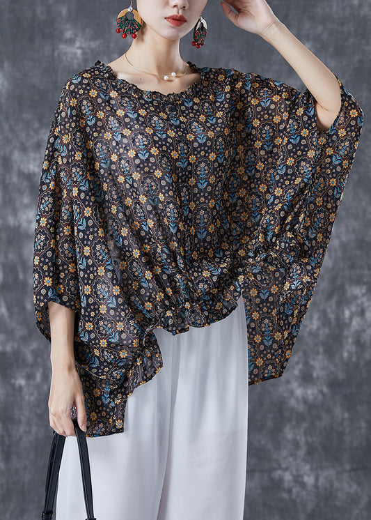 Unique Black Oversized Print Wrinkled Cotton Shirt Batwing Sleeve