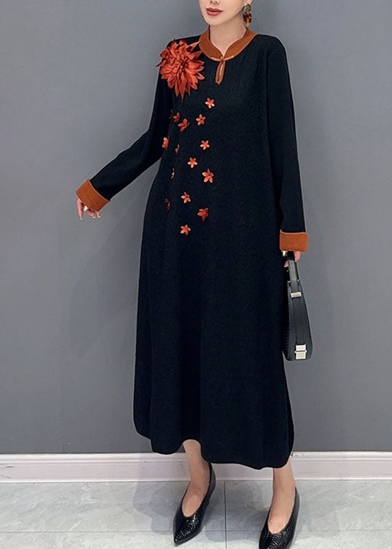 Unique Black Print Long Knit Sweater Dress Long Sleeve