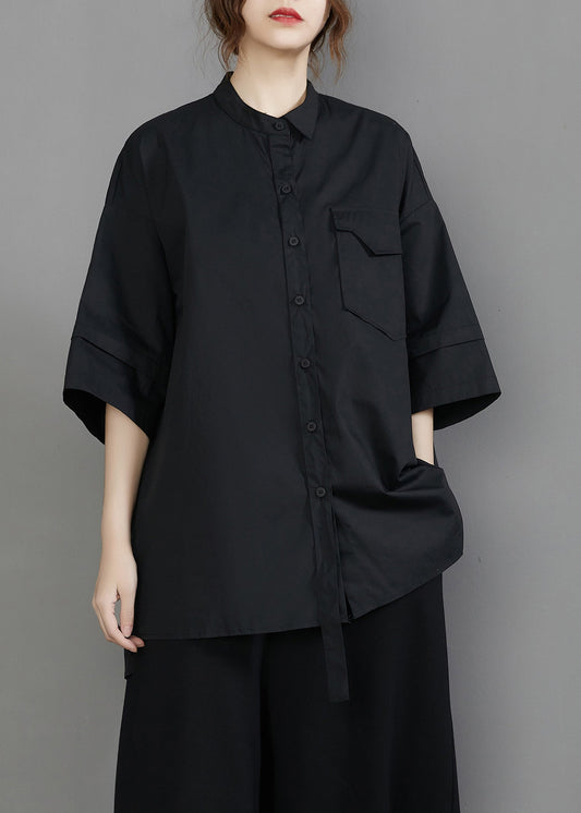 Unique Black Stand Collar Oversized Cotton Blouse Top Half Sleeve