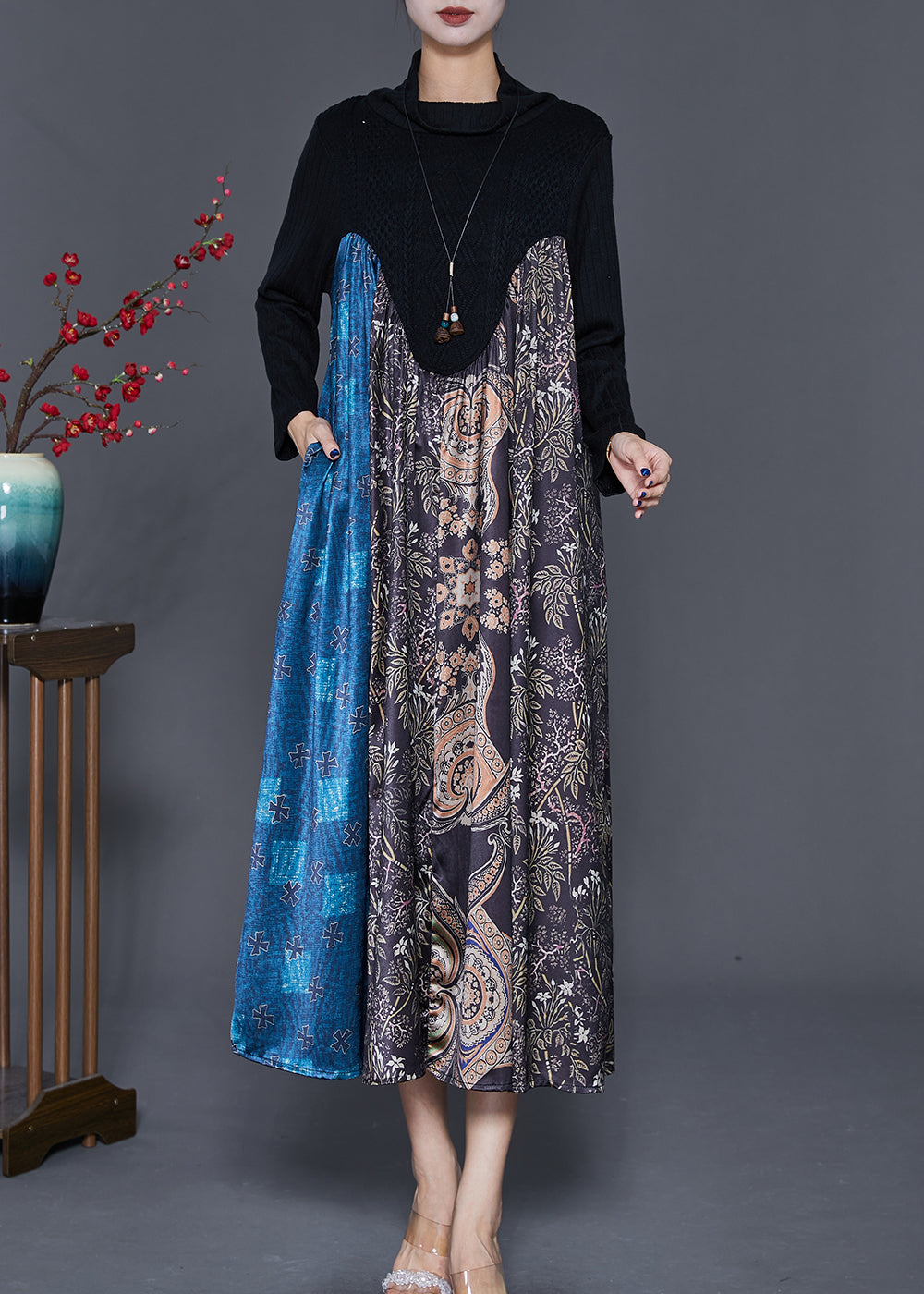 Unique Black Turtle Neck Patchwork Knit Maxi Dresses Fall