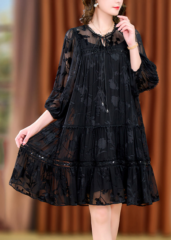 Unique Black Wrinkled Jacquard Patchwork Tulle Mid Dresses Fall