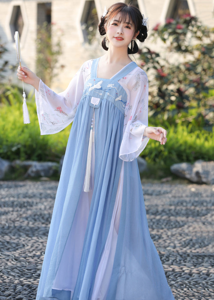 Unique Blue Embroidered Tasseled Wrinkled Patchwork Chiffon Long Dress Fall