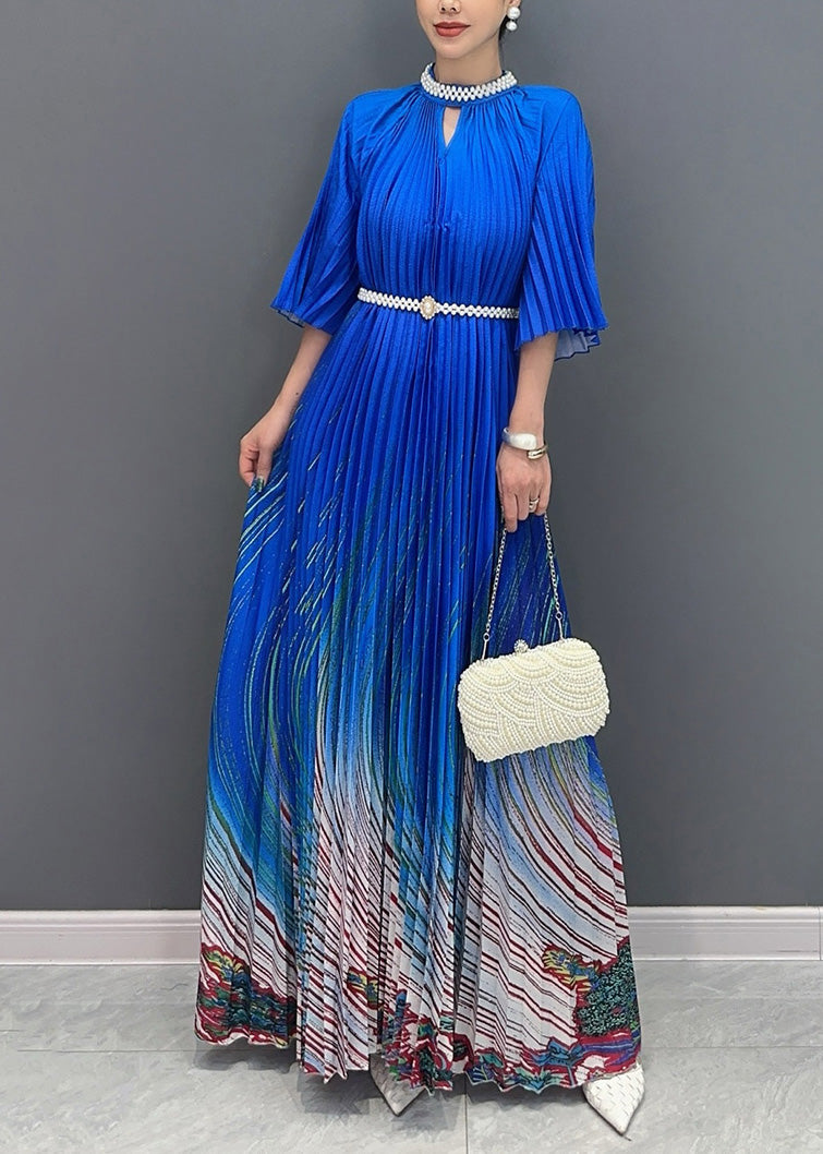 Unique Blue Stand Collar Print Wrinkled Long Dress Summer