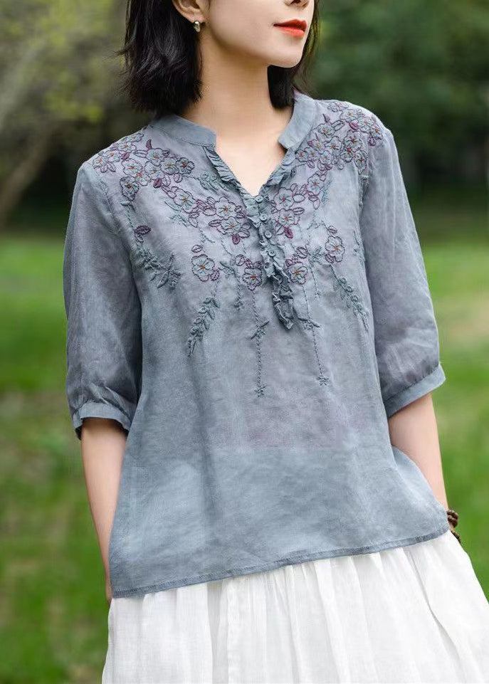 Unique Green Cashew V Neck Embroidered  Linen T Shirts Half Sleeve