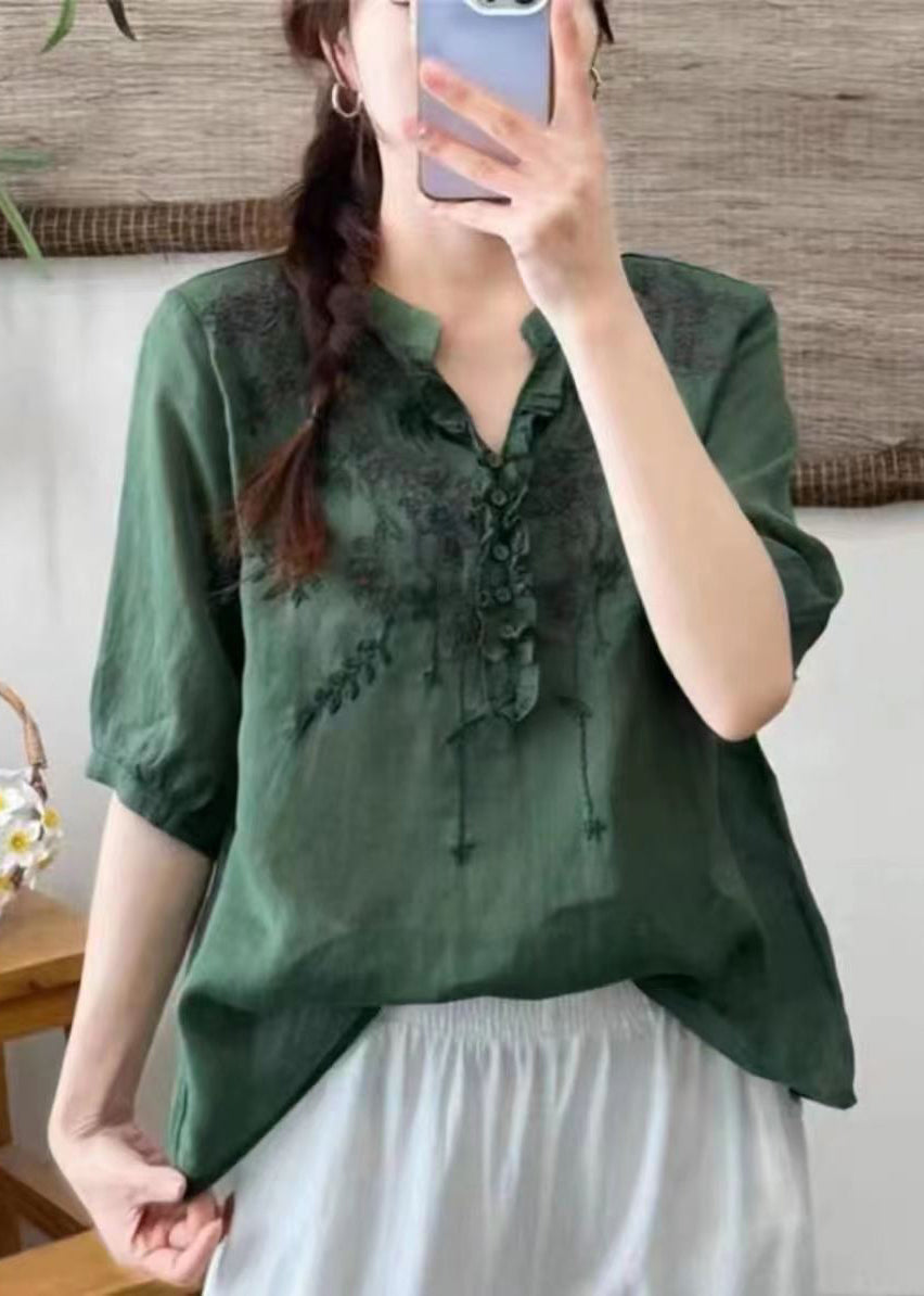 Unique Pure Green V Neck Embroidered Patchwork Linen T Shirts Half Sleeve