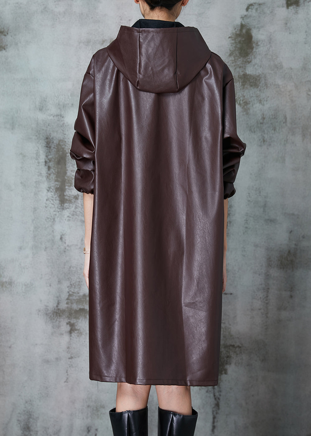 Unique Brown Hooded Faux Leather Trench Spring