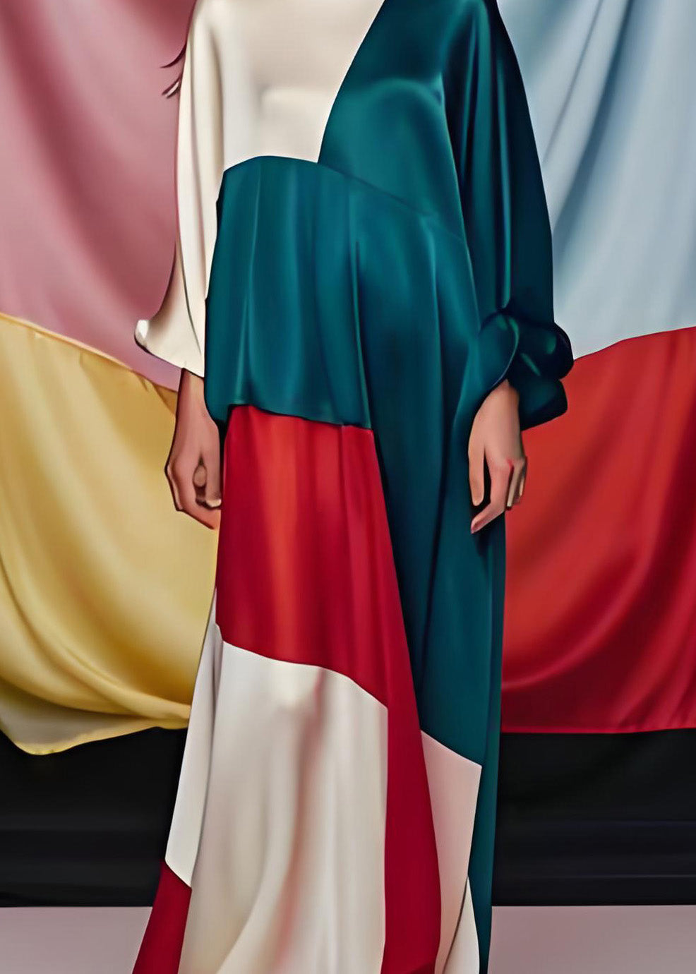 Unique Colorblock O Neck Patchwork Silk Party Maxi Dress Long Sleeve