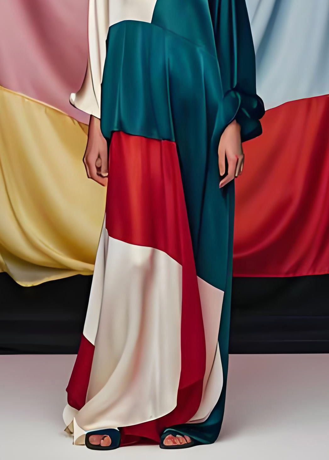 Unique Colorblock O Neck Patchwork Silk Party Maxi Dress Long Sleeve