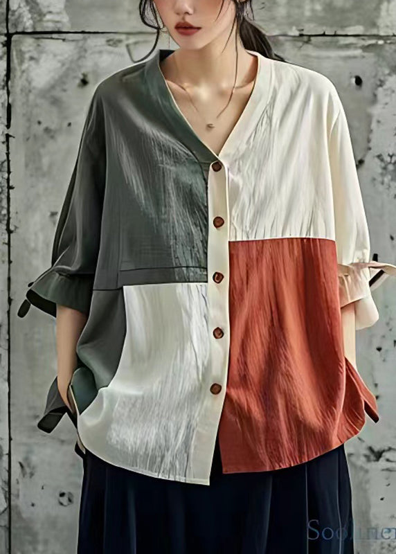 Unique Colorblock V Neck Button Shirt Summer