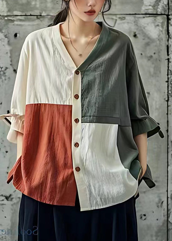 Unique Colorblock V Neck Button Shirt Summer