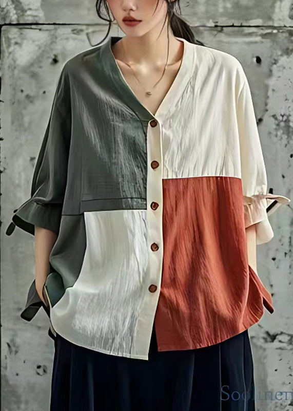 Unique Colorblock V Neck Button Shirt Summer