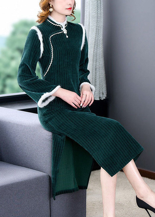 Unique Green Patchwork Side Open Thick Velour Maxi Dress Long Sleeve