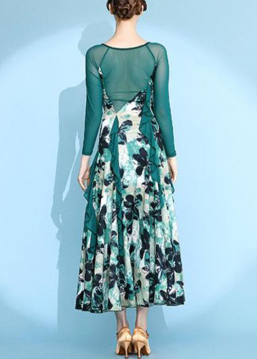 Unique Green Print Patchwork Chiffon Maxi Dresses Spring