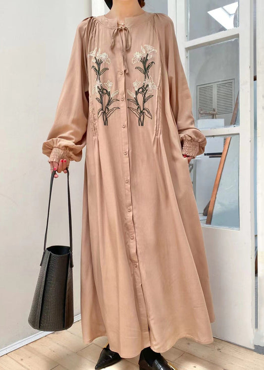 Unique Khaki Embroidered Lace Up Button Cotton Shirts Long Dress Lantern Sleeve