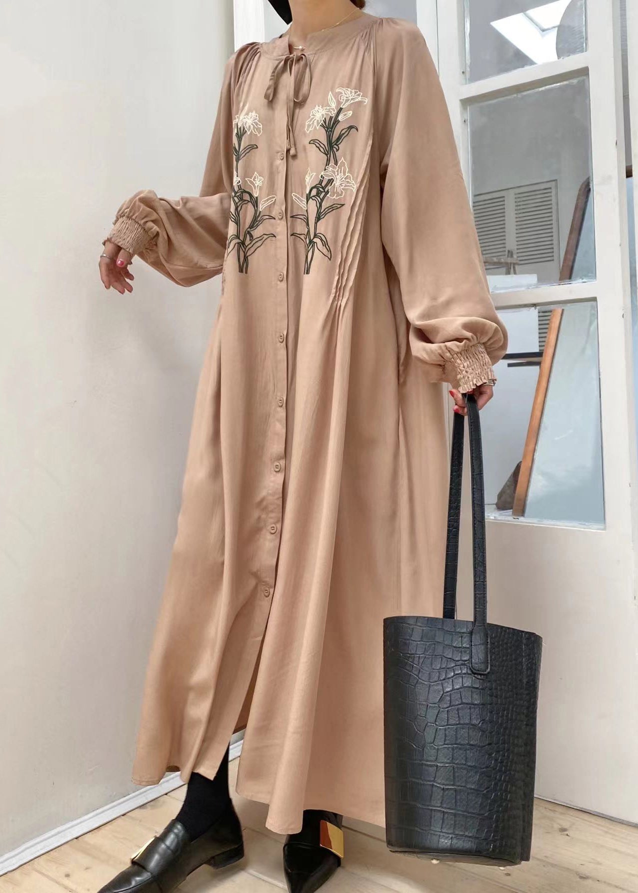 Unique Khaki Embroidered Lace Up Button Cotton Shirts Long Dress Lantern Sleeve