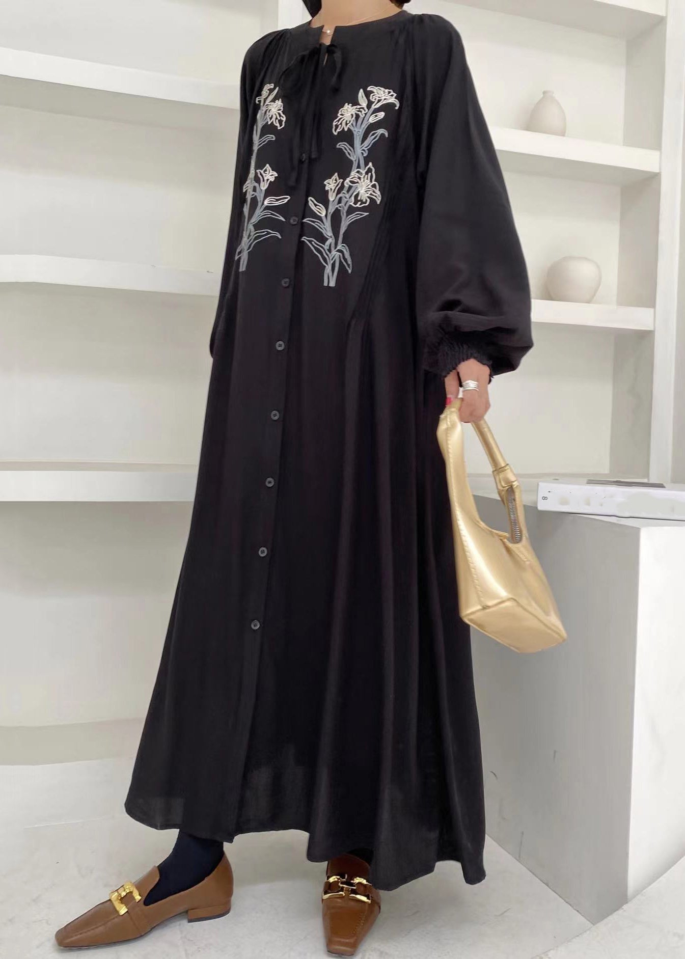 Unique Khaki Embroidered Lace Up Button Cotton Shirts Long Dress Lantern Sleeve