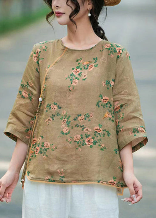 Unique Khaki Tasseled Print Linen Blouse Top Bracelet Sleeve