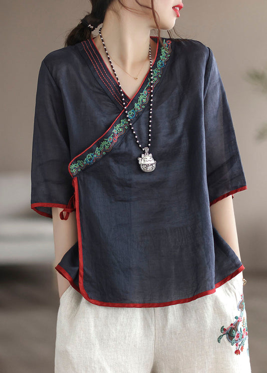 Unique Navy V Neck Embroidered Patchwork Linen Shirt Tops Summer